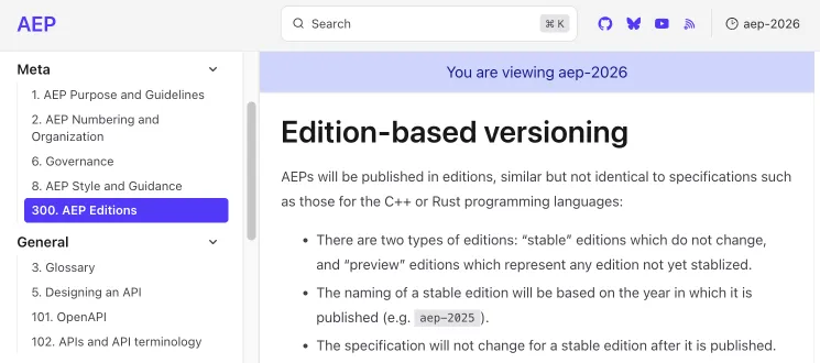 Screenshot of the AEP-300 rule describing edition-based versioning